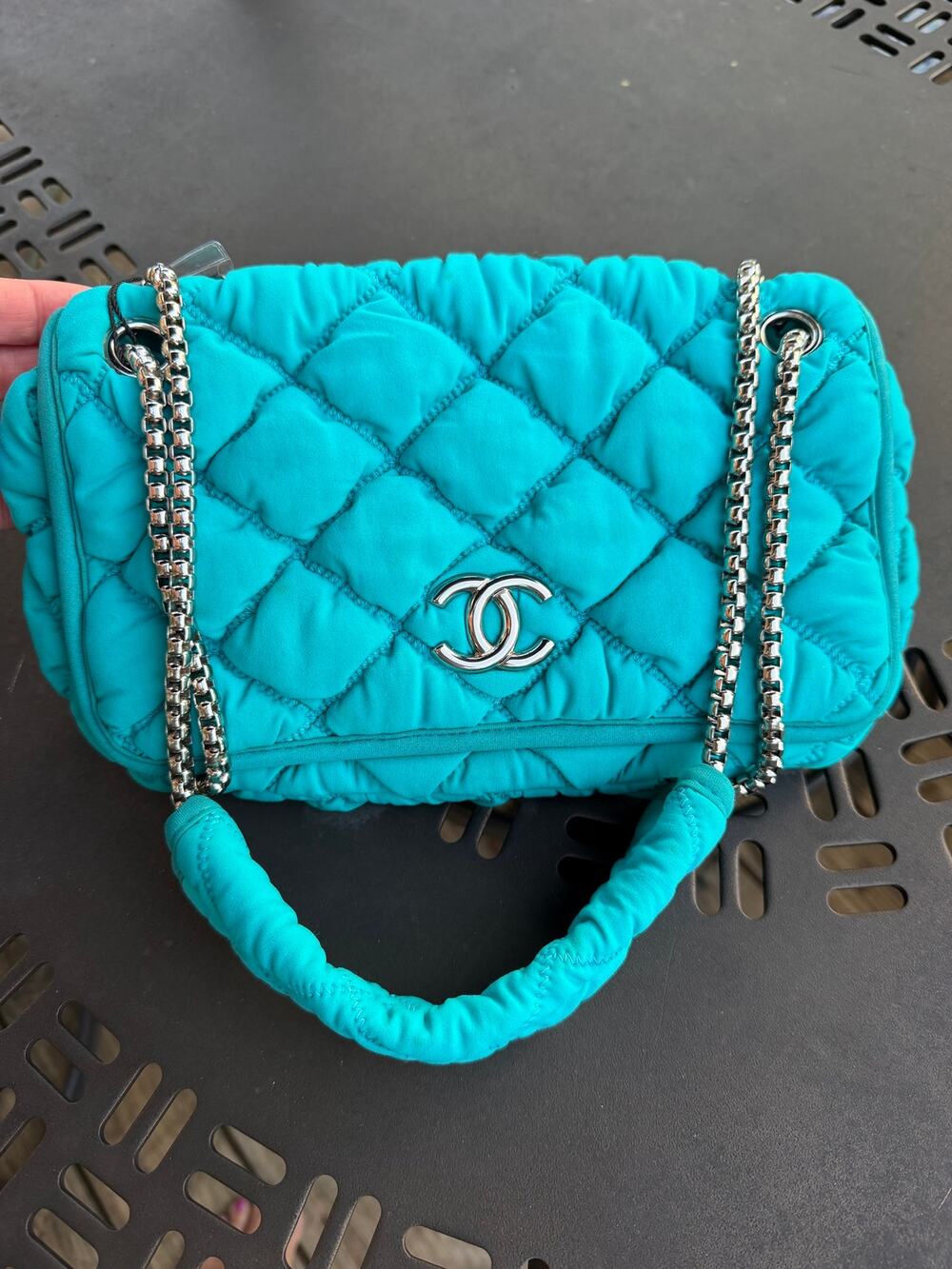 CHANEL BLUE TURQUOISE FABRIC SHOULDER FLAP BAG
